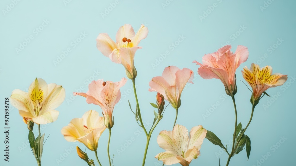 Delicate alstroemeria flowers blooming on blue background Delicate alstroemeria flowers blooming on blue background