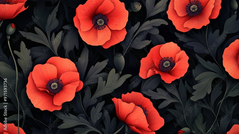 Floral pattern with red poppies and dark green leaves generative ai Floral pattern with red poppies and dark green leaves generative ai