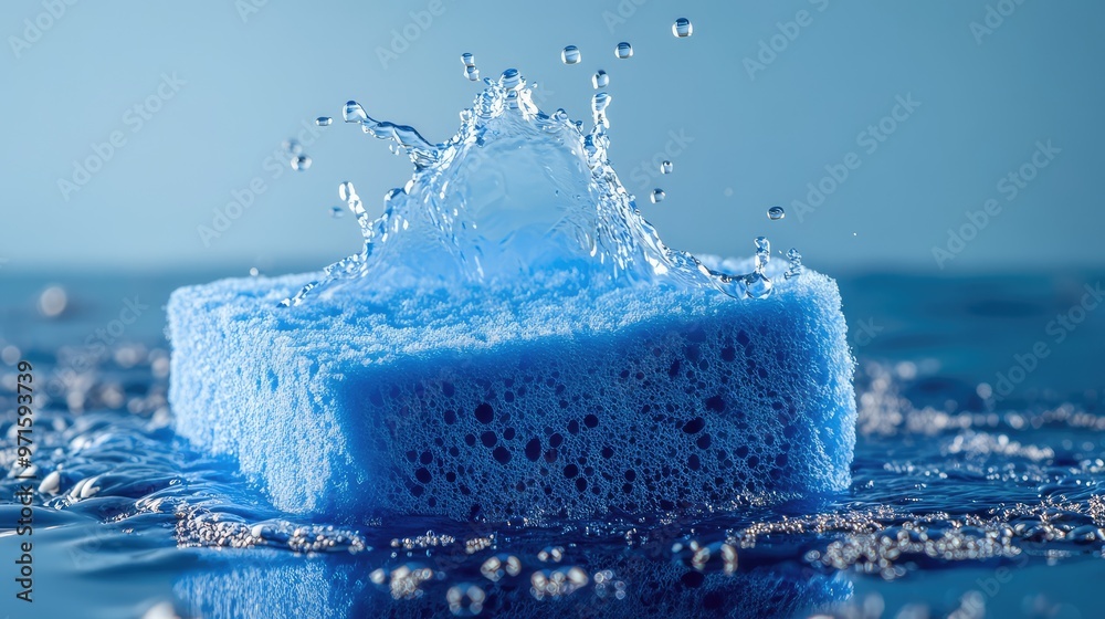 Blue Sponge Absorbing Water. Blue Sponge Absorbing Water.