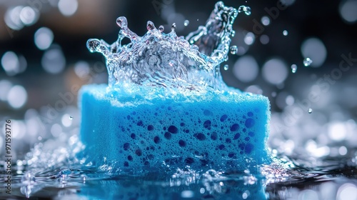 Blue Sponge Absorbing Water.