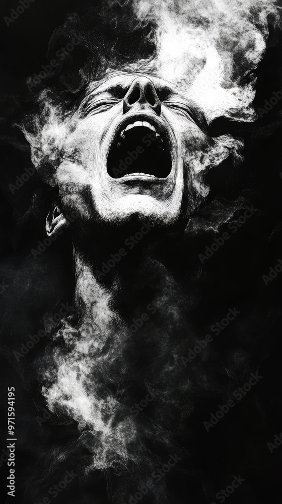 Man screaming in pain and anguish surrounded by smoke Man screaming in pain and anguish surrounded by smoke
