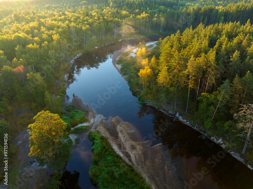 Meschersky national park, river Pra meandering among pine and birch forest, september morning, aerial photo photo