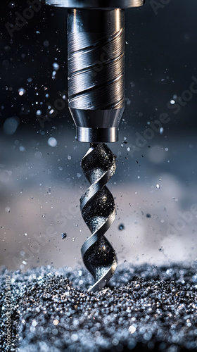 Close up of diamond tipped drill bit cutting into metal, creating sparks and shavings photo