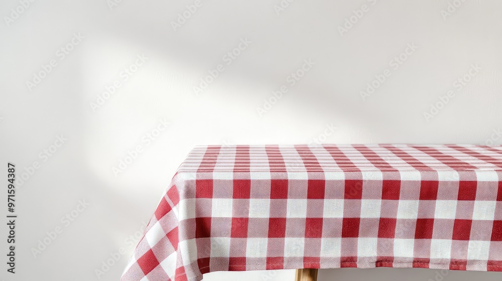 Checkered Tablecloth on Wooden Table. Checkered Tablecloth on Wooden Table.
