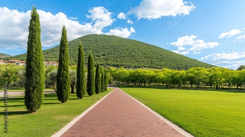 A serene pathway lined with tall trees and manicured lawns stretches into the distance under a bright blue sky photo