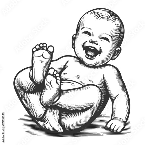 happy baby laughing while sitting, capturing the joy and innocence of early childhood sketch engraving generative ai vector illustration. Scratch board imitation. Black and white image.