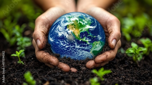 Closeup of hands cupping a globe in fertile soil symbolizing the importance of protecting Earth