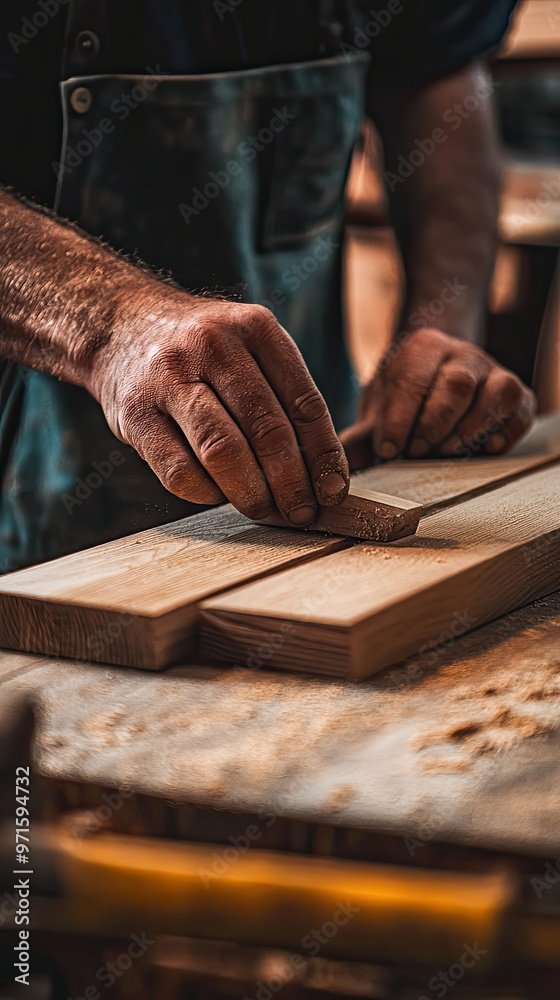 Close up of woodworkers hands aligning wooden pieces with precision and care Close up of woodworkers hands aligning wooden pieces with precision and care