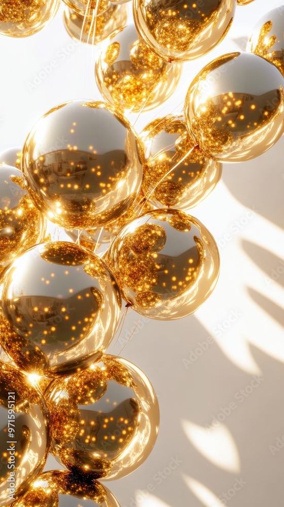 Golden balloons reflecting sunlight on white background Golden balloons reflecting sunlight on white background