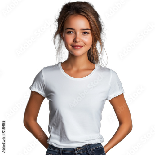 Smiling young woman with long hair wearing a transparent t-shirt isolated on transparent background