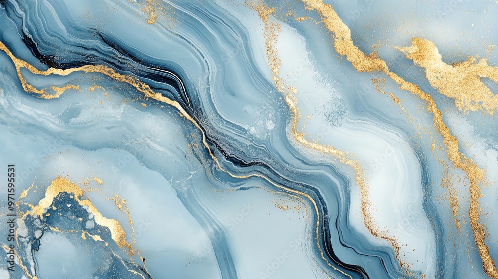 Abstract blue and gold marble texture with flowing lines and glitter accents. Abstract blue and gold marble texture with flowing lines and glitter accents.