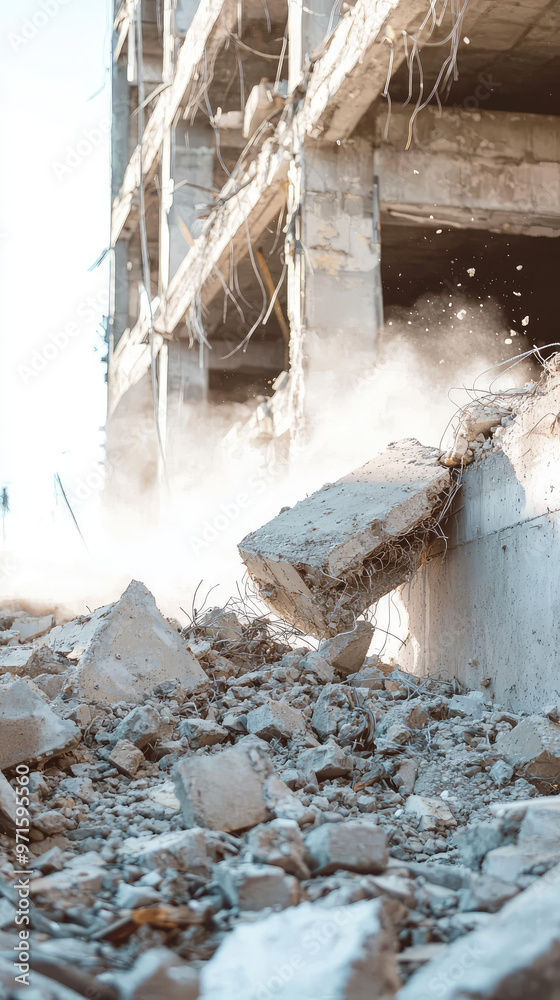 Obraz premium Demolition debris falling from building, creating dusty scene