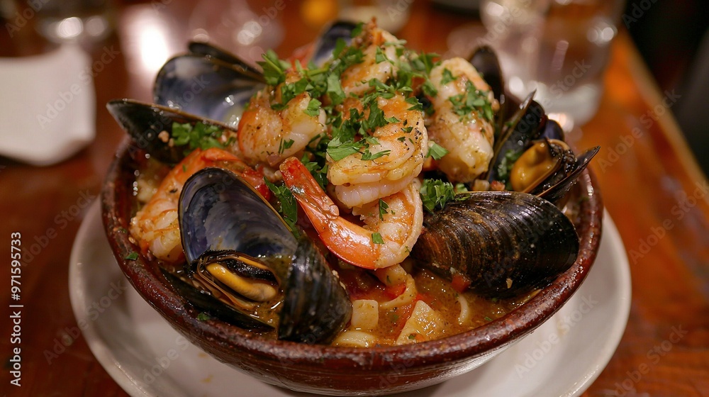 A photo captures a bowl of seafood on a wooden plate A photo captures a bowl of seafood on a wooden plate