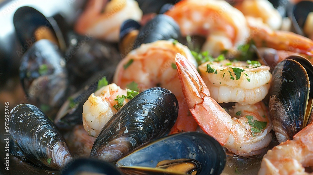 Close-up of a plate with shrimp, mussels, and mussels Close-up of a plate with shrimp, mussels, and mussels