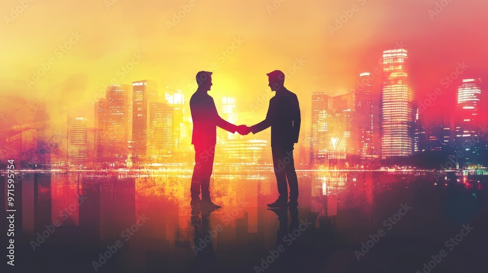Two businessmen shaking hands in front of a city skyline at sunset, symbolizing a successful deal or partnership. Two businessmen shaking hands in front of a city skyline at sunset, symbolizing a successful deal or partnership.