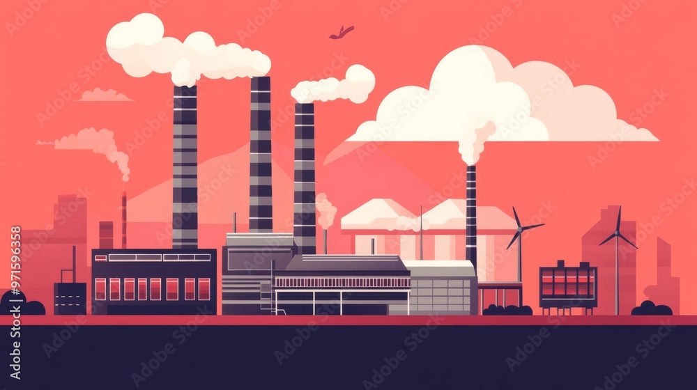 Obraz premium Industrial landscape with factories, smokestacks, and wind turbines against a pink sky, depicting pollution and renewable energy.
