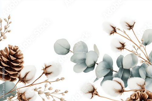 Fototapeta Naklejka Na Ścianę i Meble -  Watercolor Christmas background with eucalyptus branches, cottonwood flowers and pinecones