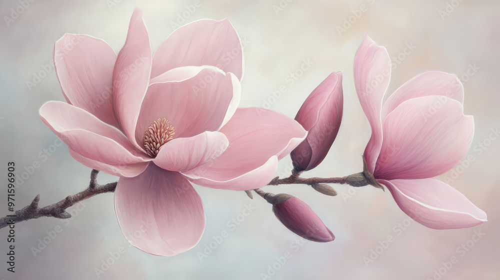 Obraz premium A serene composition showcasing delicate pink magnolia flowers in full bloom, highlighting their intricate beauty and symbolizing renewal and natural elegance.