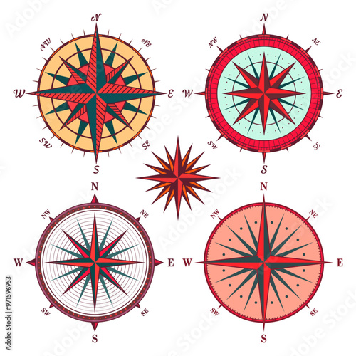 Vintage marine wind rose, nautical chart. Colorful navigational compass with cardinal directions of North, East, South, West. Geographical position, cartography and navigation. Vector illustration