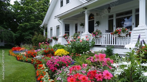 White House with Lush Flower Garden