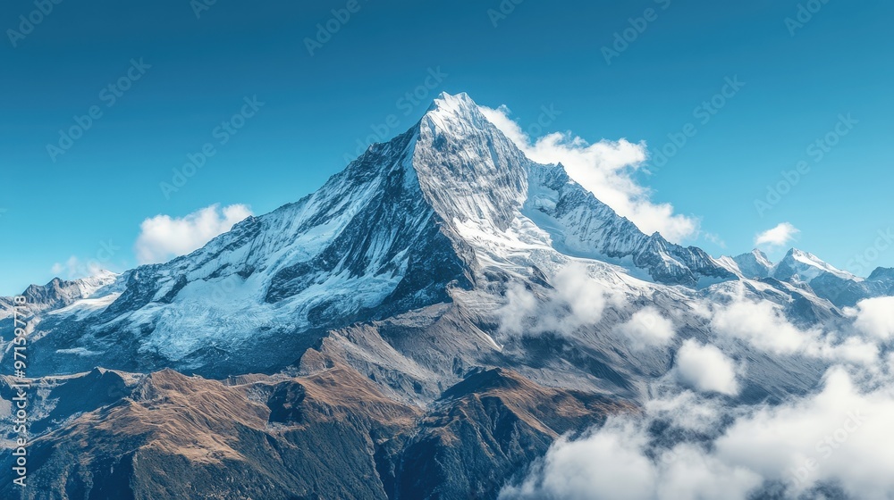 Majestic Snow-Capped Mountain Peak in a Clear Blue Sky with Scenic Landscape Below Majestic Snow-Capped Mountain Peak in a Clear Blue Sky with Scenic Landscape Below