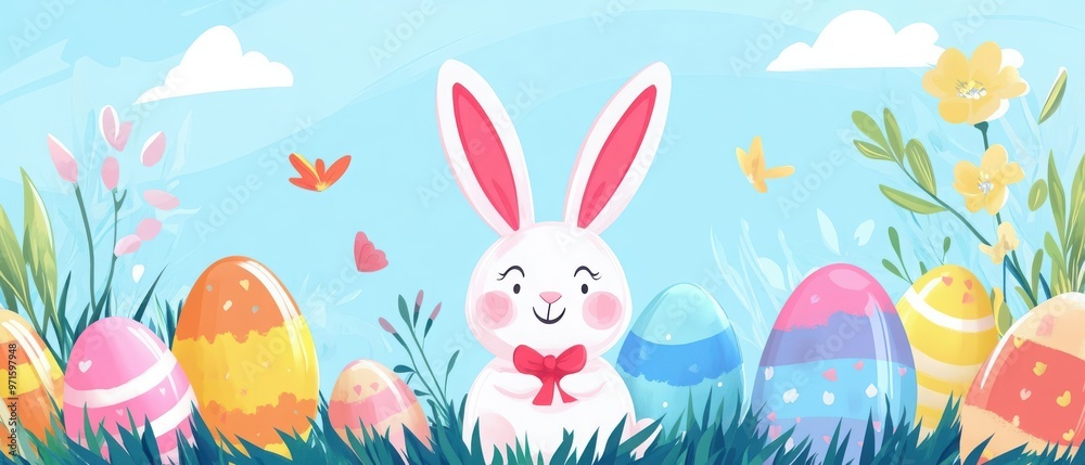 Easter bunny with colorful eggs on a spring background Easter bunny with colorful eggs on a spring background
