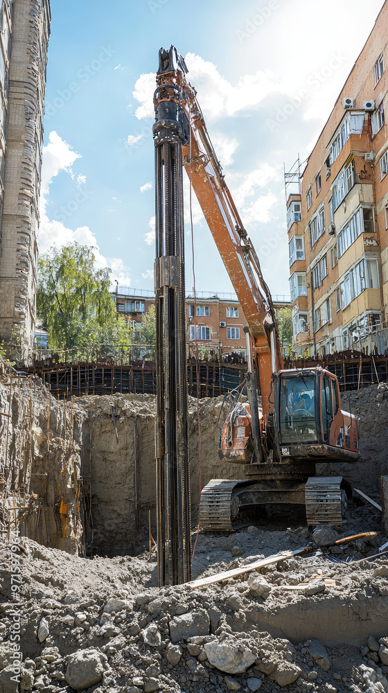 Excavation with rock drills for foundation preparation in urban area Excavation with rock drills for foundation preparation in urban area