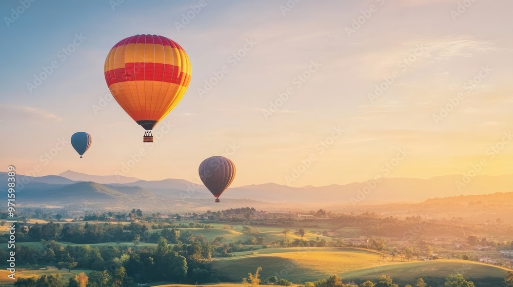 Obraz premium Hot Air Balloons Over Scenic Countryside