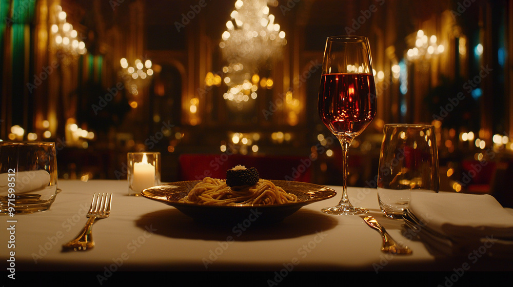 A plate of food sits atop a table, alongside a glass of wine and a wine glass brimming with liquid A plate of food sits atop a table, alongside a glass of wine and a wine glass brimming with liquid