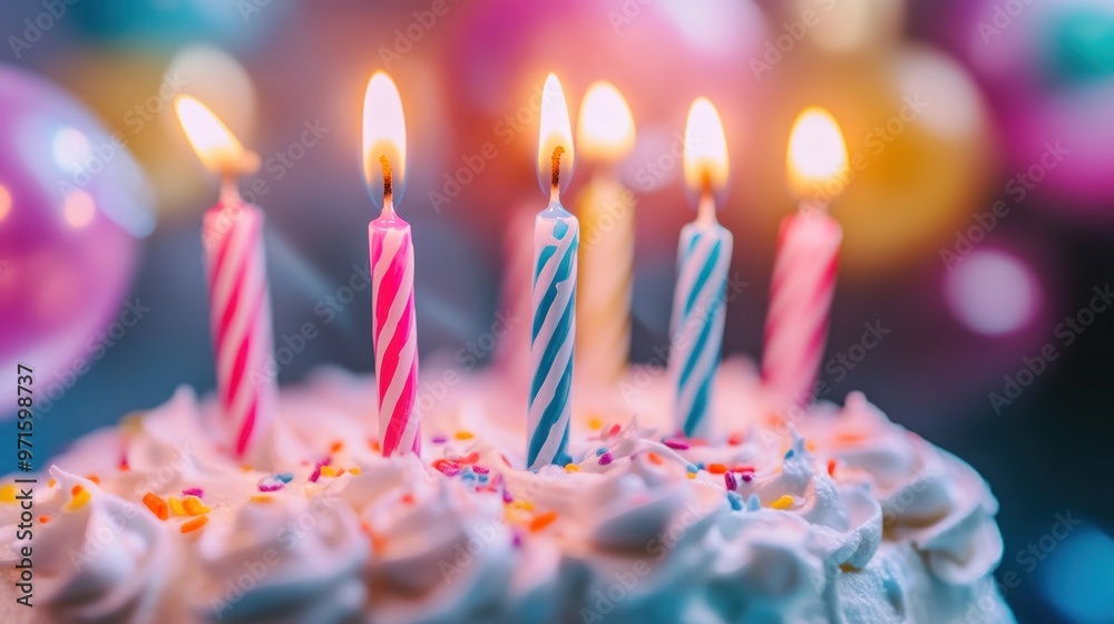 A colorful birthday cake with lit candles and festive decorations. A colorful birthday cake with lit candles and festive decorations.