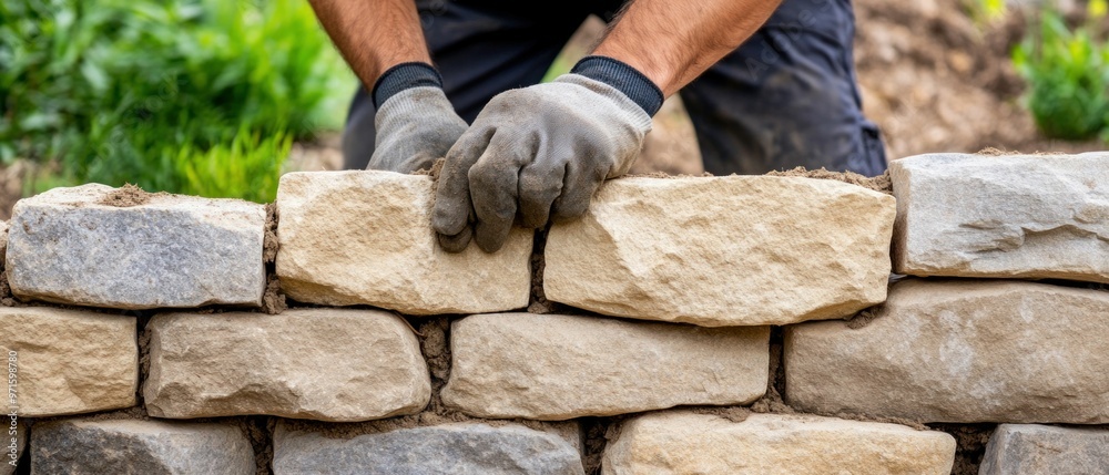 Construction Worker Building Stone Wall with Gloves Construction Worker Building Stone Wall with Gloves