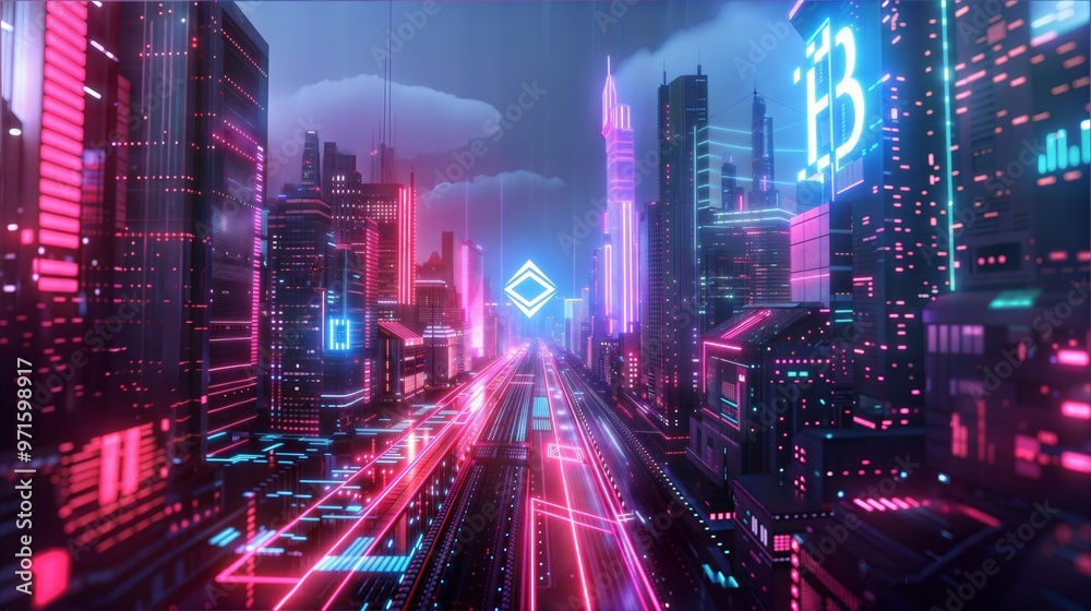 Futuristic Neon Cityscape with Cryptocurrency Symbols Highlighting Blockchain Technology Futuristic Neon Cityscape with Cryptocurrency Symbols Highlighting Blockchain Technology