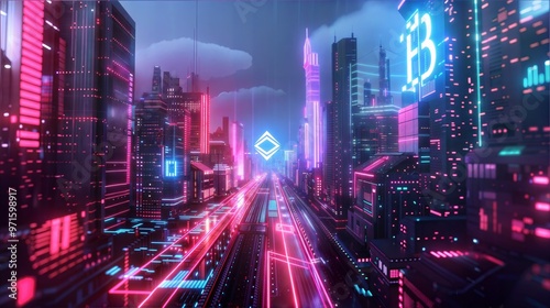 Futuristic Neon Cityscape with Cryptocurrency Symbols Highlighting Blockchain Technology