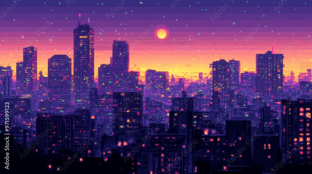 Pixel art cityscape at dusk with a vibrant sunset sky, featuring high-rise buildings and glowing lights in a serene atmosphere. Pixel art cityscape at dusk with a vibrant sunset sky, featuring high-rise buildings and glowing lights in a serene atmosphere.