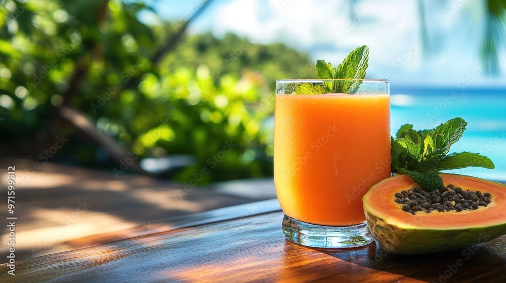 Fototapeta premium A refreshing papaya smoothie served with fresh mint, set against a tropical backdrop.