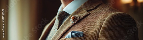 Close-up of a Brown Suit Jacket with a Gold and Gemstone Brooch, Suit, Fashion, Gemstone photo