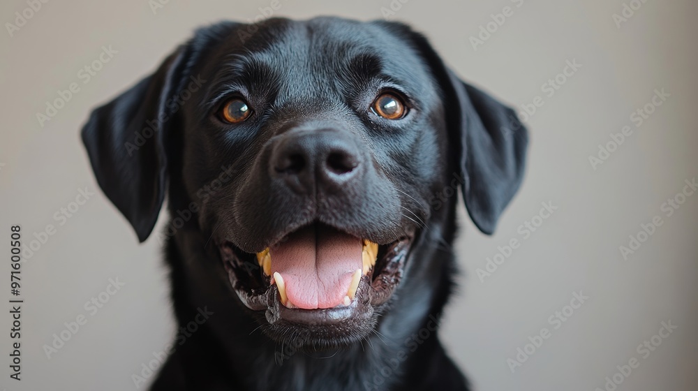 Happy black labrador retriever panting and smiling