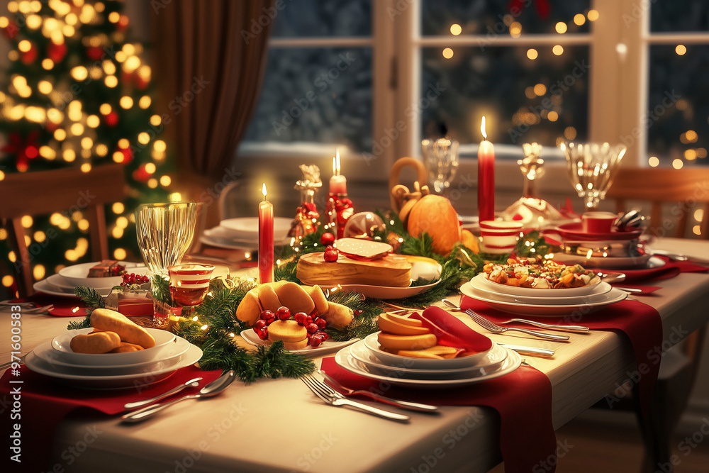 Beautiful table setting for family Christmas dinner at home with Christmas lights and decorations in the background Beautiful table setting for family Christmas dinner at home with Christmas lights and decorations in the background