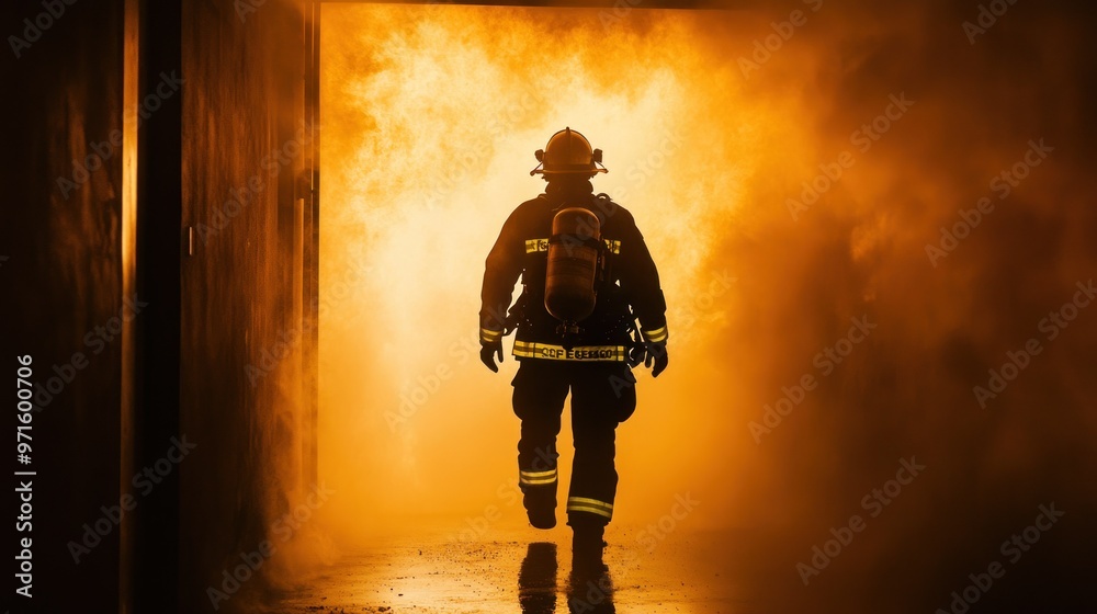 A firefighter walks through a smoky, fiery corridor, showcasing bravery and emergency response. A firefighter walks through a smoky, fiery corridor, showcasing bravery and emergency response.