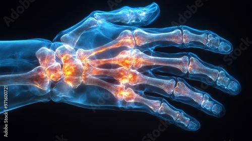 X-ray of a hand showing joint inflammation and suffering