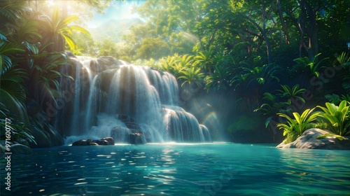 Serene Tropical Waterfall in Lush Jungle with Sunlight and Rainbow photo