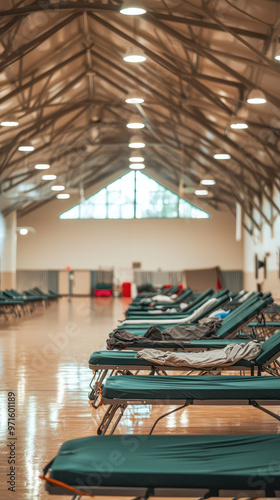 Emergency disaster shelter inside school gym filled with cots for safety photo