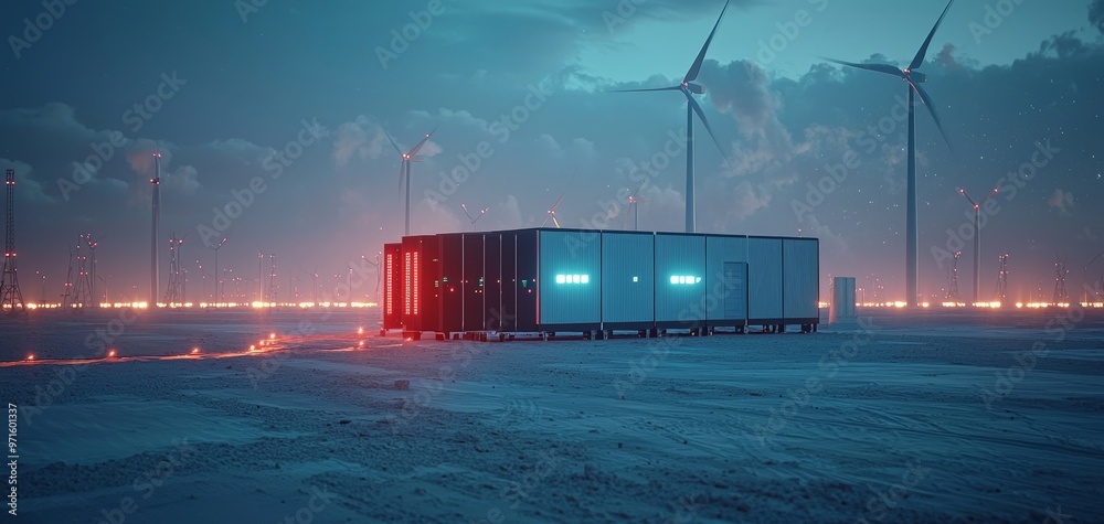 Wind Farm Data Center A futuristic lowangle perspective of a data ...