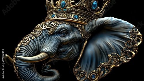 An ornate elephant adorned with a golden crown, showcasing intricate details and elegance.