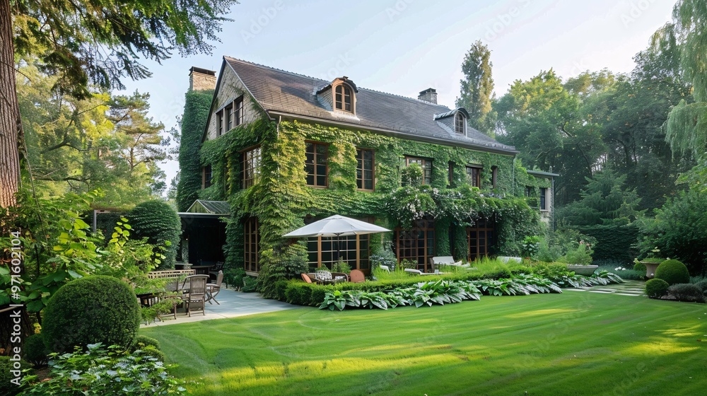 Charming Stone Mansion Covered in Ivy with Lush Green Lawn Charming Stone Mansion Covered in Ivy with Lush Green Lawn