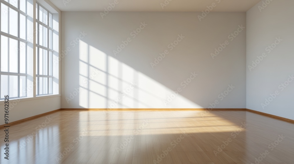 Fototapeta premium A bright and airy modern room with large windows showcasing natural sunlight illuminating the hardwood floors. The empty space offers a sense of potential and possibilities for design and decor.