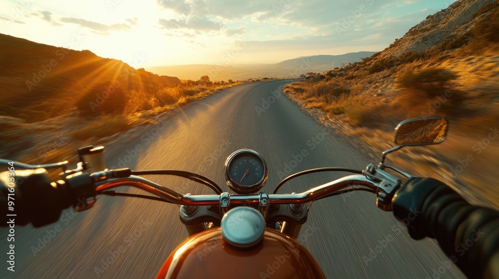 Fototapeta premium A motorcycle rider drives on a winding road during a beautiful sunset.