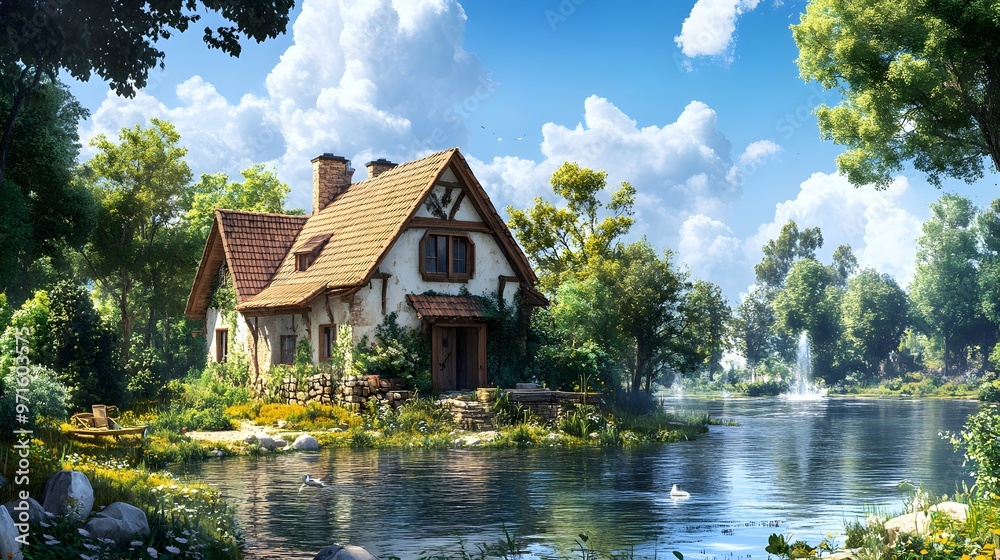 Fototapeta premium Charming house near water in classical painting style picture