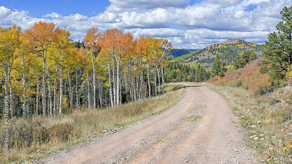A dirt road surrounded by trees in a forest, with a mountain as the backdrop A dirt road surrounded by trees in a forest, with a mountain as the backdrop