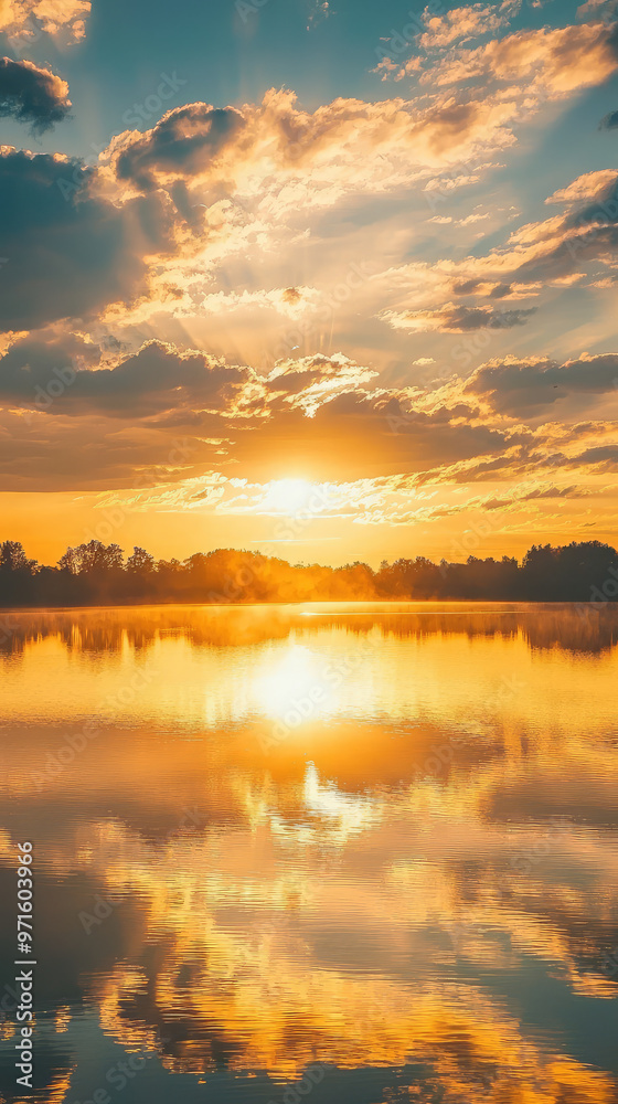 Golden sunset sky with soft clouds drifting over still lake, creating serene atmosphere Golden sunset sky with soft clouds drifting over still lake, creating serene atmosphere